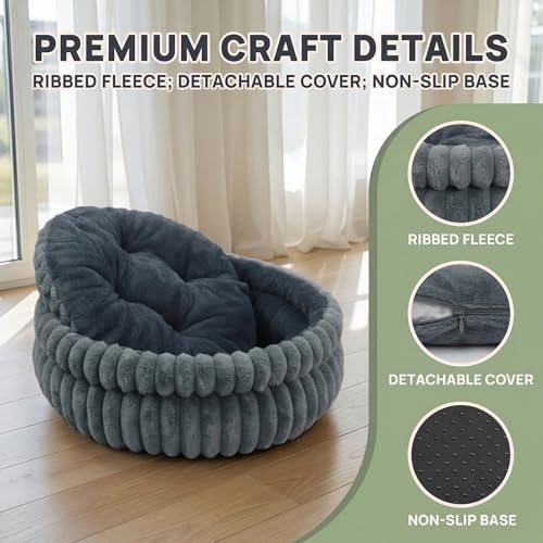 Calming Dog Beds for Small Dogs, Faux Rabbit Fur Round Anti-Anxiety Pet Bed for Kittens & Puppies, Fluffy Puppy Bed with Washable Cushion & Detachable Cover, 24"
