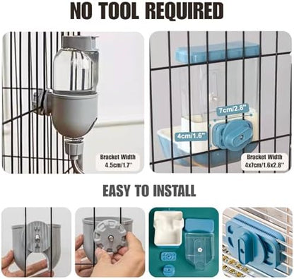 Automatic Pet Food Water Dispenser, Auto Gravity Pet Feeder Water Bottle Set for Crate Cage, Feeding Station for Small Dog Cat Rabbit Guinea Pigs Chinchilla Ferret Hedgehog (Gray)