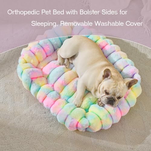 Luxury Dog Beds,Large Sized Dog Washable Furry Pet Beds,Comfort Rectangle Pet Sofa Couch with Ultra,Puppy Beds with Removable Zipper Cover,30x25x7.5inches,Rainbow