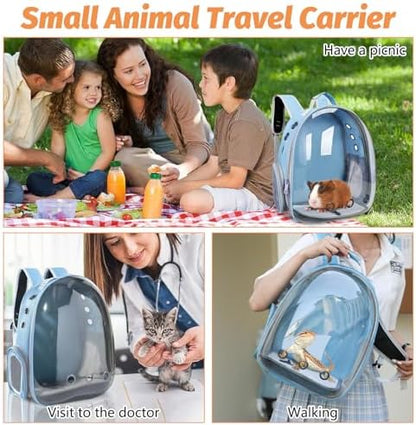 kathson Bearded Dragon Carrier with Harness and Leash Set, Large Reptile Travel Carrier Portable Lizard Backpack Clear Small Animals Carrying Bag for Gecko Hamster Rabbit Hedgehog Kitten (Blue)
