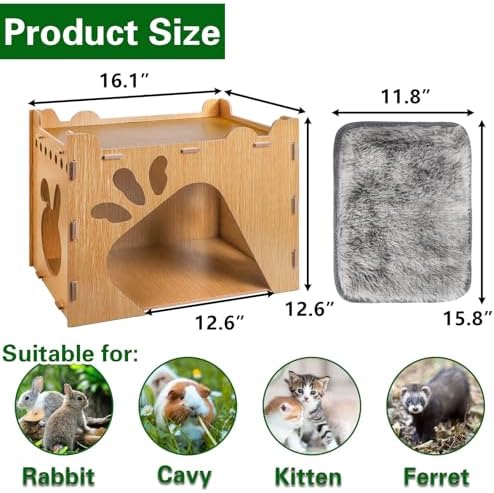 Yesland Rabbit Hideout Castle, Large Wooden Bunny Houses and Hideouts with Pet Pad, Detachable Small Animal Play Hideaway Hut and Playhouse for Indoor Bunnies Guinea Pig Hamster Chinchilla Gerbi