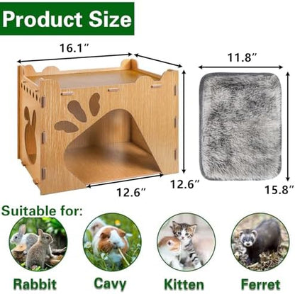 Yesland Rabbit Hideout Castle, Large Wooden Bunny Houses and Hideouts with Pet Pad, Detachable Small Animal Play Hideaway Hut and Playhouse for Indoor Bunnies Guinea Pig Hamster Chinchilla Gerbi