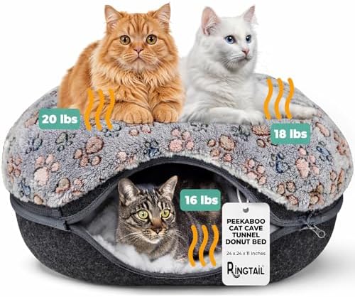 RINGTAIL Peekaboo Cat Cave Donut for Multiple & Large Cats Up to 30-45 lb, 3-in-1 Self Warming Cat Bed Tunnel with 2 Soft Fluffy Fleece Pet Blankets, Scratch, Detachable & Washable (Dark Gray, Large)