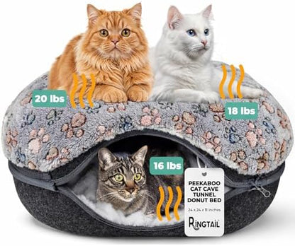 RINGTAIL Peekaboo Cat Cave Donut for Multiple & Large Cats Up to 30-45 lb, 3-in-1 Self Warming Cat Bed Tunnel with 2 Soft Fluffy Fleece Pet Blankets, Scratch, Detachable & Washable (Dark Gray, Large)