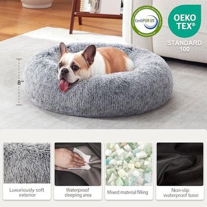 Donut Dog Bed Medium Size Dog, Round Cat Beds for Small Medium Dogs and Cats with Washable Fluffy Faux Fur, Cute Comfort Pet Bed with Anti-Slip Bottom, Grey, 24"