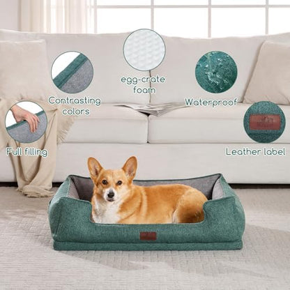 Hollypet Orthopedic Rectangle Dog Bed for Medium Dogs, Supportive Egg-Crate Foam Pet Beds with Removable Washable Waterproof Cover and Non-Slip Bottom, Green, 32" L x 24" W x 8.5" Th