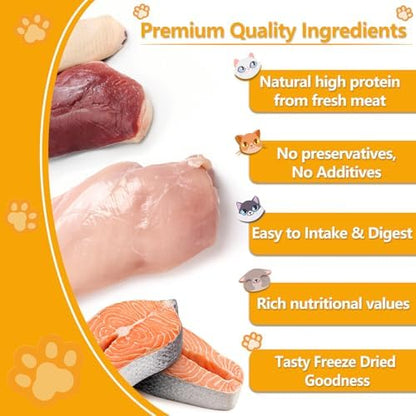 Freeze Dried Cat Food, 3 in 1 Natural Freeze Dried Meat - Chicken, Duck, and Salmon Recipe for Cats, Grain-Free Protein Rich Cat Kitten Food 5.7oz