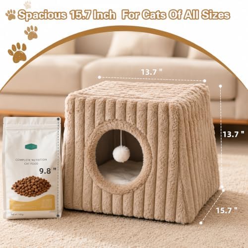Dogpals Cat Cave Bed 15.74"x15.74"x13.38" Large with Balls (Khaki)