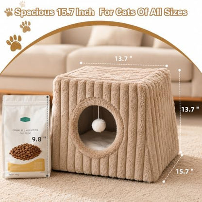 Dogpals Cat Cave Bed 15.74"x15.74"x13.38" Large with Balls (Khaki)