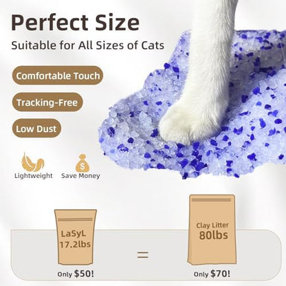 LaSyL Crystal Cat Litter for Multi-Cat Households - Silica Gel, 30-Day Odor Control, 99.9% Dust-Free Non-Clumping Low Tracking Lightweight Unscented Formula 17.2 lb (4 Bags x 4.3lb)