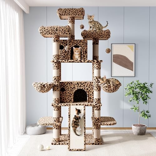 Allewie 82 Inches Large Cat Tree/House/XXL Tall Cat Towers for Big Feline/Scratching Post/Multi-Level Large Kitty Climbing Tree with Condo/Leopard Print