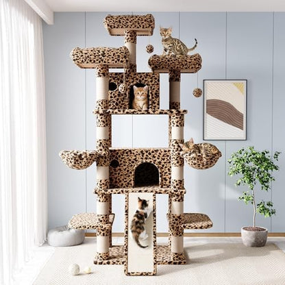 Allewie 82 Inches Large Cat Tree/House/XXL Tall Cat Towers for Big Feline/Scratching Post/Multi-Level Large Kitty Climbing Tree with Condo/Leopard Print