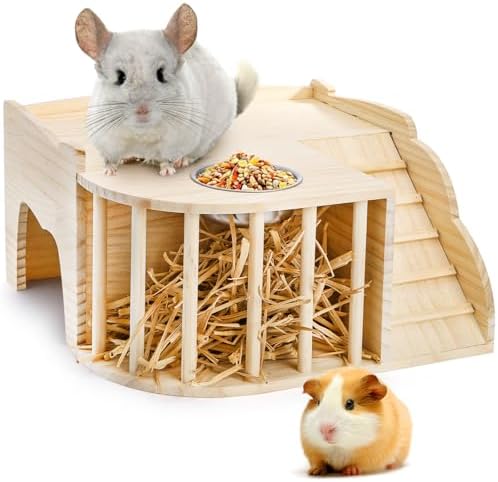 Coloch Wooden Guinea Pig Castle with Hay Feeder, Large Chinchilla Hideout with Feeding Bowl&Ladder Multi-Chamber Guinea Pig House for Guinea Pigs, Chinchillas, Hedgehogs