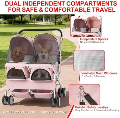 Double Pet Stroller for 2 Small Dogs & Cats, Side-by-Side Twin Travel Carriage with Safety Leashes, Mesh Windows & Double Storage Baskets, Lightweight & Foldable, 44lbs Capacity, Pink
