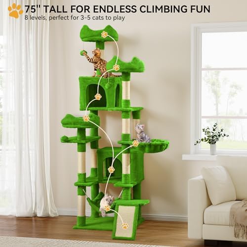 YITAHOME Tall Cat Tree for Indoor Cats, 75 inch Multi-Level Cat Tower with Cat Condos, Top Perches, Sisal Ramp Scratching Posts, Cozy Basket, Hammocks, Large Cat Pet Activity Structure,Green