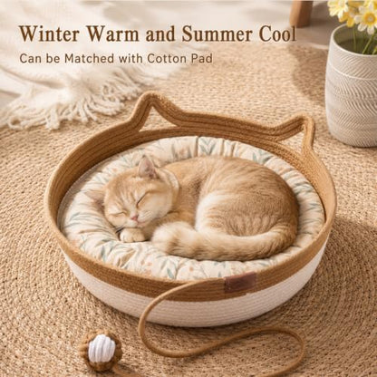 Natural Rope Cat Basket, Handmade Cotton Cat Bed with Ball, Large