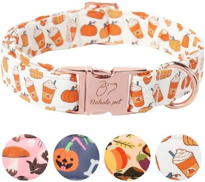 Fall Dog Collar for Medium Dogs - Fall Holiday Pumpkin Latte Printed Dog Collars, Adjustable Heavy Duty Pet Collar with Metal Buckle M