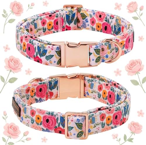 Spring Dog Collar, Blue Floral Print Pet Collars Light Pink Cute Durable Metal Buckle Girl and Boy Dog Collars Adjustable for Small Medium Large Dogs