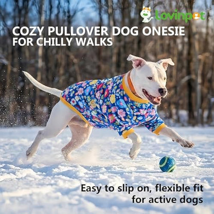 LovinPet Flannel Dog Coat, Winter Dog Coat, Packed Floral Blue, XXL