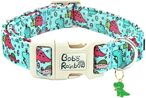 Dog Collar-Blue Pink Dinosaur Print Adjustable Pet Collars Soft Comfortable Puppy Collar Cute Cotton Collars Durable Gift for X-Small Dogs