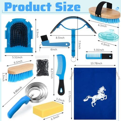 Abbylike 12 Pieces Horse Grooming Kit Equine Care Brushes,Blue