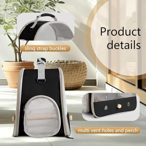 Bird Carrier, Portable Small Bird Parrot Parakeet Carrier with Standing Perch and Soft Mat, Side Access Window Collapsible (Black, Mesh Windows)