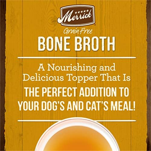 Merrick Grain Free Bone Broth, Premium Human Grade and Gluten Free Dog and Cat Food Topper Pouches, Chicken - 7 oz. Pouch (Pack of 4)