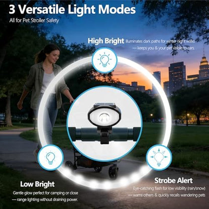 Solar Pet Stroller Light with Horn, Waterproof Dog Cat Stroller Safety LED Lights with 3 Modes & USB-C PD Charging, Ultra Bright Night Walking Warning Spotlight for Dog Jogger