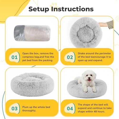 Soft Round Dog & Cat Bed, Anti-Anxiety Donut Cuddler with Anti-Slip Bottom Cozy Fluffy Pet Bed for Medium Large Dogs and Cats, 37inch, Grey