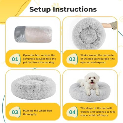 Soft Round Dog & Cat Bed, Anti-Anxiety Donut Cuddler with Anti-Slip Bottom Cozy Fluffy Pet Bed for Medium Large Dogs and Cats, 37inch, Grey