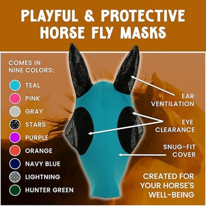 Horse Fly Mask - Arab Equine Fly Mask with Full Coverage for Eye & Ear - Stretchable, UV & Sun Protection Flymask for Horses, Ponies & Mini Horses - Horse Face Cover for Pasture & Trail - Stars
