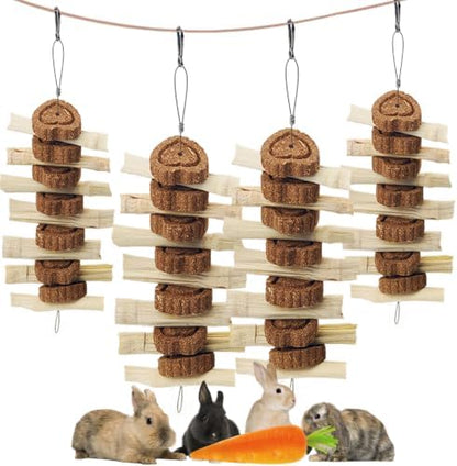 4 PCS Bunny Chew Toys for Grinding Teeth, Hanging Rabbit Snack Toy Natural Guinea Pig Sweet Bamboo Sticks Carrot Cake Small Animal Treats String for Chinchilla, Guinea Pigs, Squirrel, Gerbil