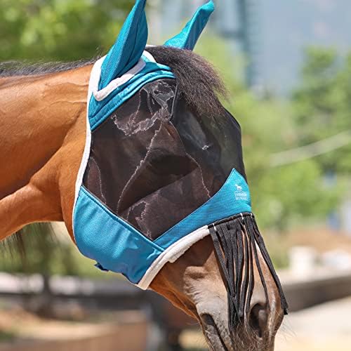 Harrison Howard CareMaster Horse Fly Mask with Ears and Nose Fringe Fly Protector Defender Mask Sky Blue M Cob