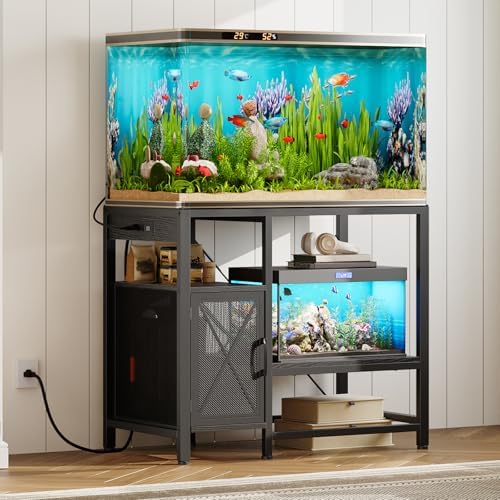 MAHANCRIS 40-50 Gallon Fish Tank Stand, Aquarium Stand with Power Outlet and Storage Cabinet, Heavy Duty Tank Stand Suitable for Turtle Tank, Reptile Terrarium, for Home Office, Black FTBK50E01