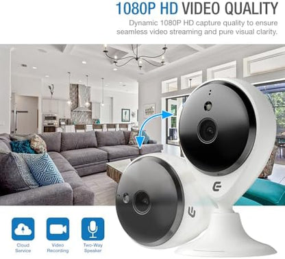 Smart Security Camera Indoor Plug-in Wired, 2 Pack 1080p IP/WiFi Cam for Home Pet Elder Video Monitoring, Two-Way Audio + Phone App, Motion Detection, Compatible with Alexa (White)