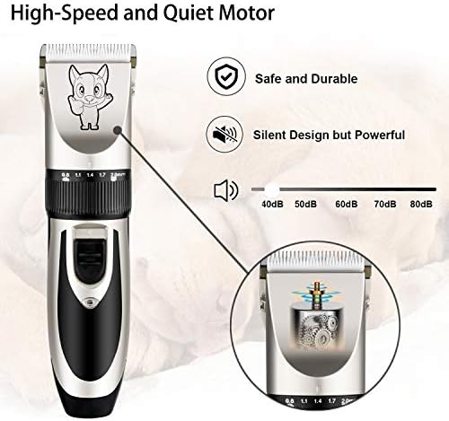 Highdas Dog Clippers for Grooming Low Noise, Cordless Electric Dog Grooming Kit Clippers Rechargeable, Quiet Dog Shaver, Pet Hair Trimmer Kit for Dogs & Cats (Silver)