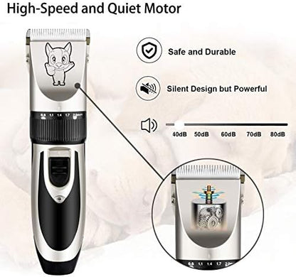 Highdas Dog Clippers for Grooming Low Noise, Cordless Electric Dog Grooming Kit Clippers Rechargeable, Quiet Dog Shaver, Pet Hair Trimmer Kit for Dogs & Cats (Silver)