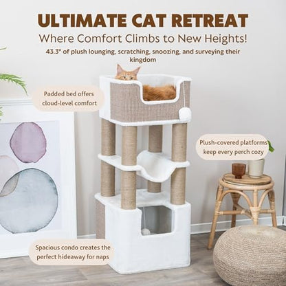Trixie Lucano 43.3-in XXL Cat Tree, Indoor Cat Furniture with Jute Scratching Posts, Sisal and Plush Covered Condo, Dangling Interactive Toys, Brown