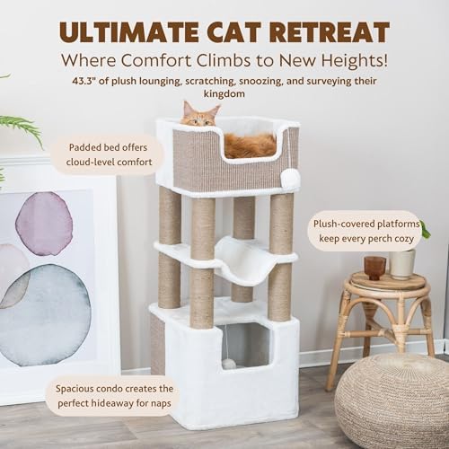 Trixie Lucano 43.3-in XXL Cat Tree, Indoor Cat Furniture with Jute Scratching Posts, Sisal and Plush Covered Condo, Dangling Interactive Toys, Brown