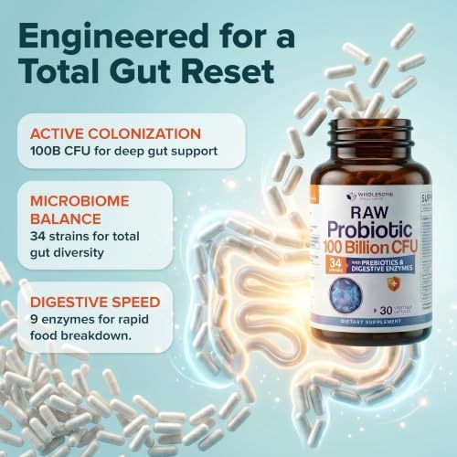 Wholesome Wellness Organic Raw Probiotics 100 Billion CFU, Dr Formulated for Women and Men, Complete Adult Supplement with Prebiotics, Probiotics and Digestive Enzymes; 30 Capsules