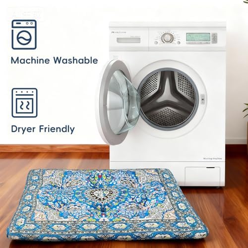Washable Dog Crate Bed, Pet Cushions, Ultra Soft & Anti-Slip Crate Pad, Cozy Kennel Mat for Large/Medium/Small Dogs, Plush & Bohemian Dog Bed (Blue, 34.0" L x 22.0" W x 2.3" H)