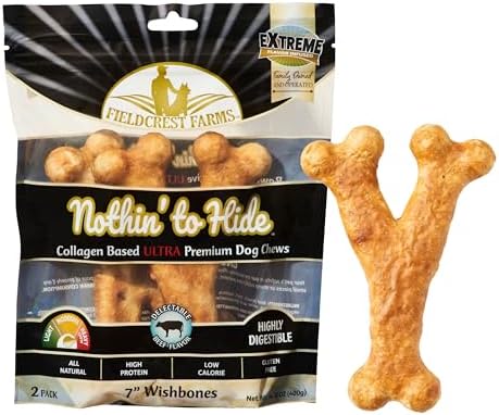 Fieldcrest Farms Nothin' to Hide Collagen-Based Dog Chews, Wishbone, Beef Flavor, Ultra-Premium, for Dogs Over 50lbs, Easily Digestible, Supports Skin, Coat, Joints & Muscles, 7-Inch, 2 Pieces