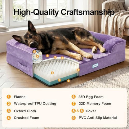 OhGeni Orthopedic Extra Large Dog Bed Couch, Memory Foam, 44-inch (Purple)