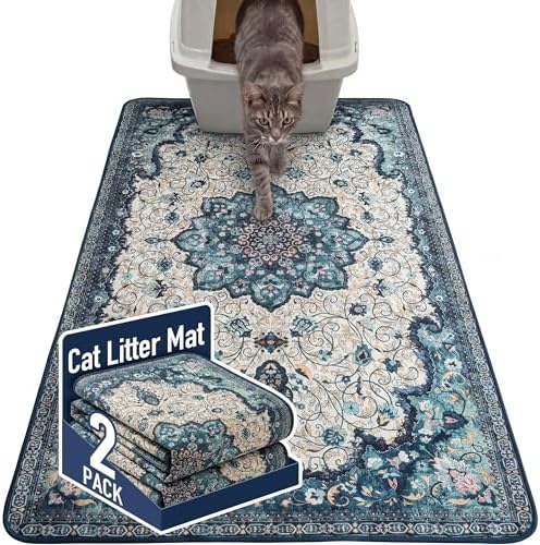 Hompet Cat Litter Mat 2 Pack, 36x48 Large Machine Washable Trapping Mats for Cats, Super Absorbent & Urine-Proof Cat Litter Box Mat for Floor, Waterproof & Non Slip Kitty Litter Rug