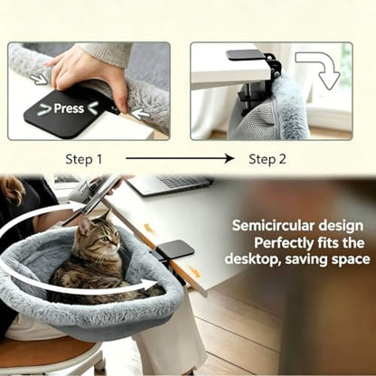 Cat Desk Bed - Support up to 40lbs with Heavy Duty Steel Clamp, Sunken Cat Hammock, One-Click Foldable & Machine Washable Cat Side Table