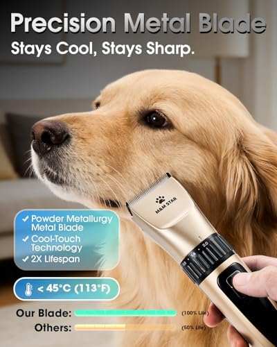 M&M STAR Dog Grooming Kit, Low Noise Dog Clippers, 2-Speed IPX7 Waterproof, Rechargeable Cordless Pet Hair Clippers Trimmer Shaver with LED Display for Dogs and Cats, Gold