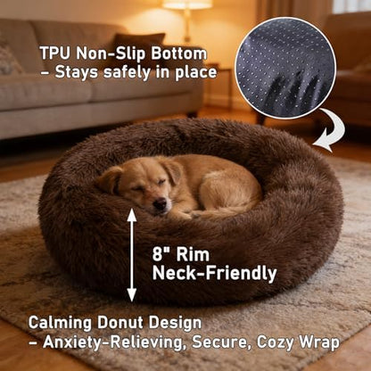 Calming Donut Dog Bed Medium Size Dog - Washable Removable Cover Non-Slip Bottom, Round Pet Bed Cat Bed Warming Fluffy Plush Faux Fur Anti-Anxiety, Fits up to 45 lbs (Coffee, 30")