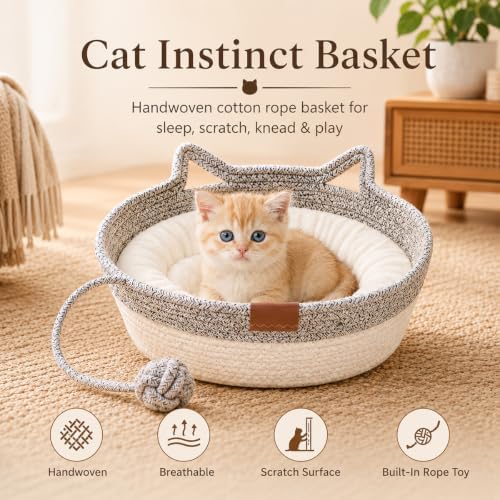 Instinct Basket for Cats, Handwoven Cotton Rope Cat Basket Bed with Toy Ball and Cat Ear Handles, Scratchable Breathable Round Woven Cat Basket for Indoor Cats