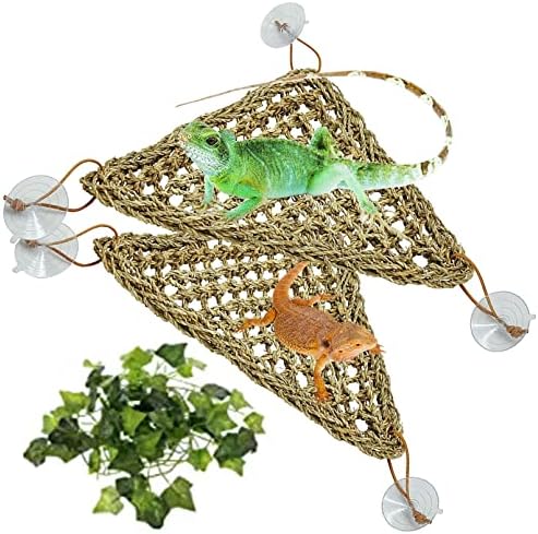 Tfwadmx 3 Pack Bearded Dragon Hammock Lizards Lounger Reptile Climbing Accessories, Natural Seagrass Fibers Hammock for Reptiles Geckos Anoles Iguanas Hermit Crabs Triangular