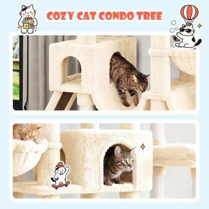 SHA CERLIN 83 in Cat Tree Tower for Indoor Adult Felines 20lbs+/Multi-Level Heavy Duty Cat Tower for Big Maine Coon/Giant Perches/Wide Baseboard/Sisal Scratching Posts/Cozy Condos/Beige